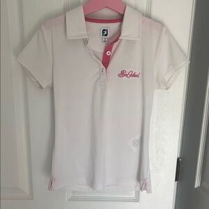 Sea Island White Polo with Pink Trim and Embroidered Script Logo